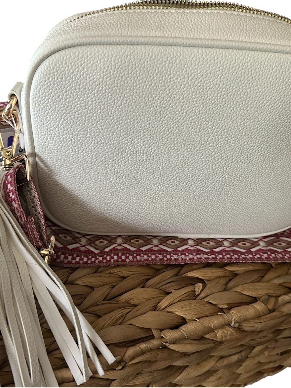 AH DORNED New York - Women’s Cream Crossbody Bag with Tassel & Patterned Strap